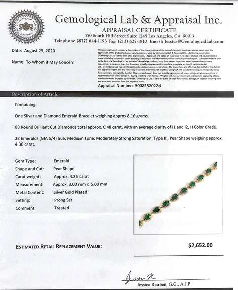 Gorgeous Emerald & Diamond Bracelet in Vermeil