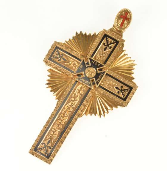18K Yellow Gold Ornate Scrollwork Masonic Black Enamel Cross Pendant
