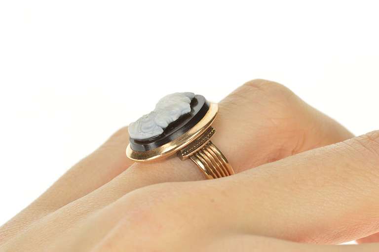 14K Yellow Gold Two Faced Carved Black Onyx Victorian Cameo Ring