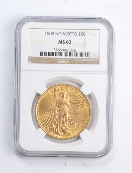 MS62 1908 $20.00 Saint-Gaudens Gold Double Eagle No Motto - Graded NGC