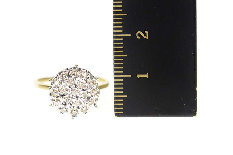 10K Yellow Gold Round Raised Diamond Cluster Retro Statement Ring