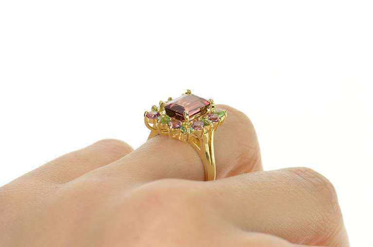 14K Yellow Gold Syn. Garnet Tourmaline Peridot Cocktail Ring