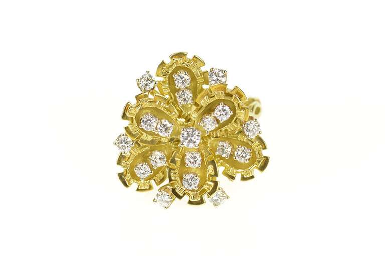 18K Yellow Gold 1950's Diamond Petal Diamond Cluster Cocktail Ring
