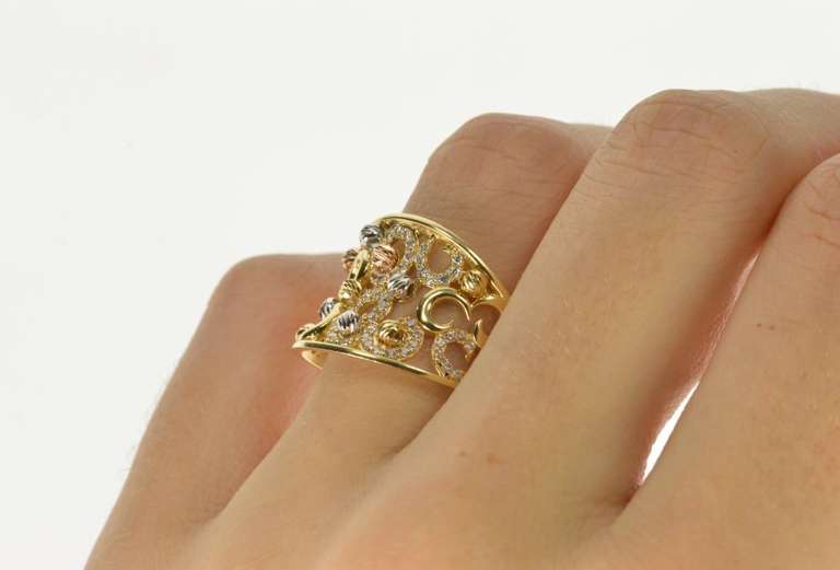 14K Yellow Gold Ornate Swirl Curved CZ Encrusted Statement RIng