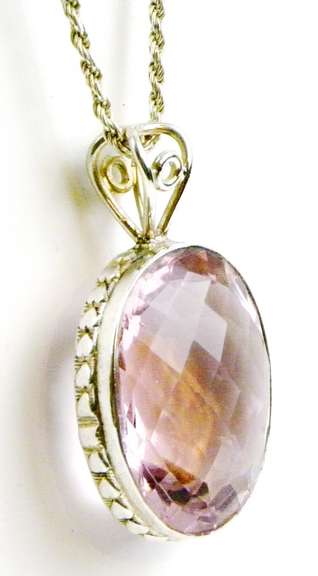 Huge Lavender/Pink Quartz Sterling Pendant & Chain