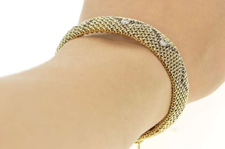 14K Yellow Gold 0.72 Ctw Diamond Zig Zag Mesh Rounded Chain Bracelet