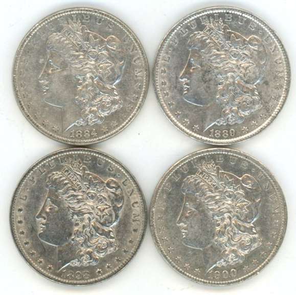 4 Diff. top end Morgan Silver Dollars 1884 to 1900