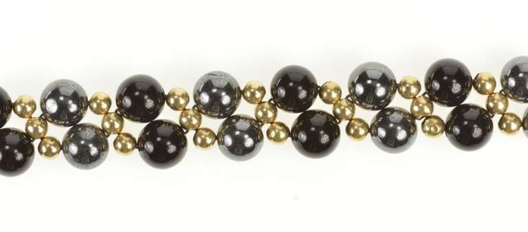 14K Yellow Gold Round Black Onyx Hematite Beaded Statement Bracelet