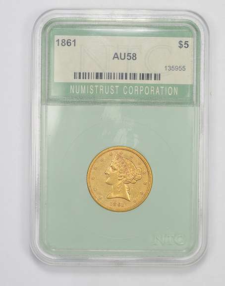 AU58 1861 $5.00 Liberty Head Gold Half Eagle - Graded NTC