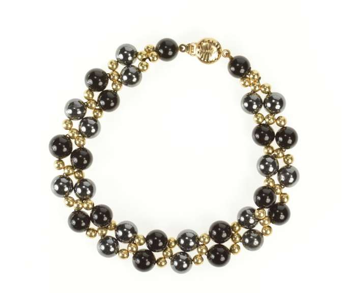 14K Yellow Gold Round Black Onyx Hematite Beaded Statement Bracelet