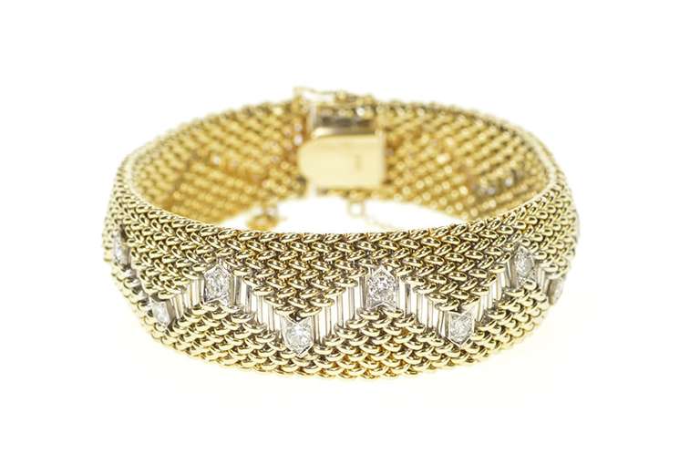 14K Yellow Gold 0.72 Ctw Diamond Zig Zag Mesh Rounded Chain Bracelet