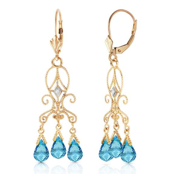 Solid Yellow Gold Chandelier Diamond Earrings Blue Topaz