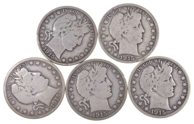 Lot Of 5 1915 Barber Half Dollars