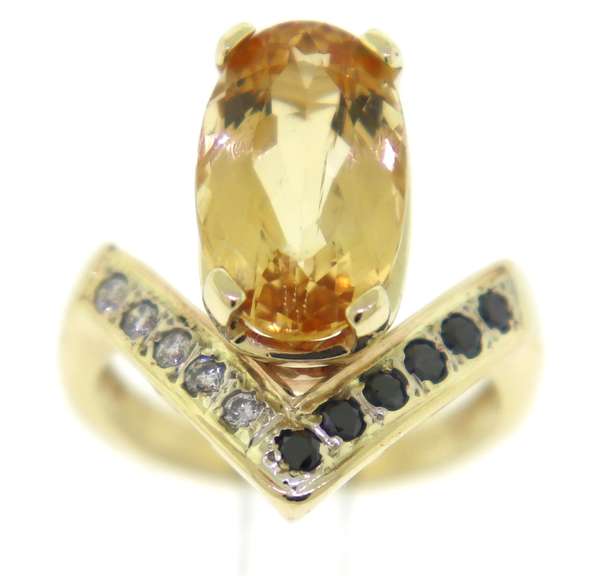 Stylish 14kt YG Citrine with Black & White Diamond Ring