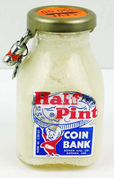 Vintage 1/2 Pint Glass Coin Bank w/Lock & Key