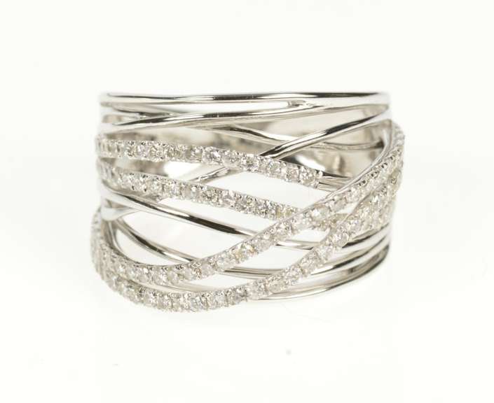 14K White Gold 1.00 Ctw Diamond Criss Cross Layered Statement Ring