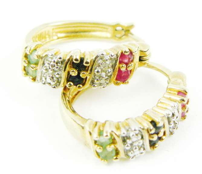 Sterling Vermeil Ruby, Sapphire, Emerald Huggie Hoop Earrings