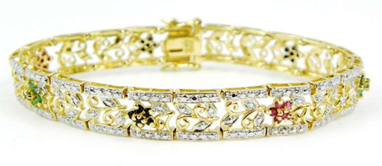 Sterling Ruby Emerald & Sapphire Filigree Bracelet