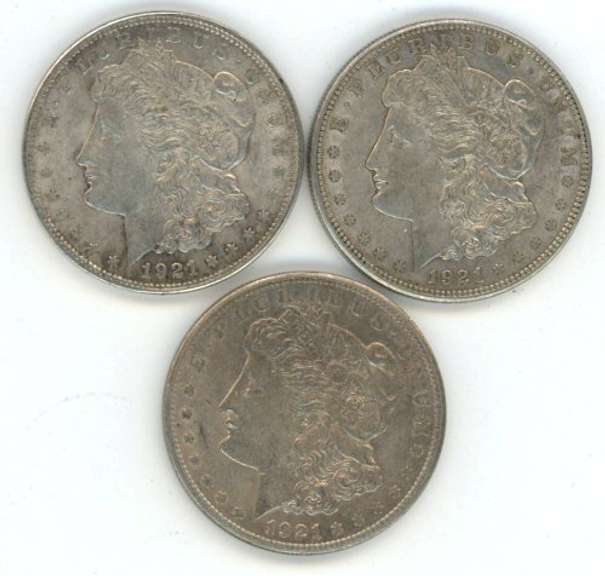 1921 P-D-S Morgan Silver Dollars. Nice circs