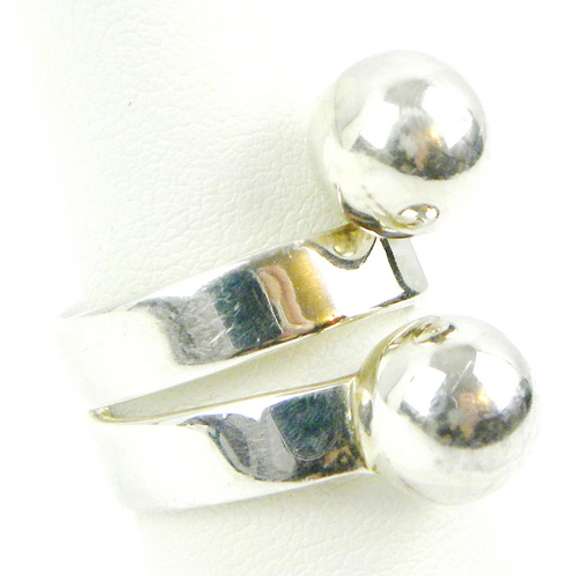 Wide Sterling Silver Double Ball Bypass Ring, 8