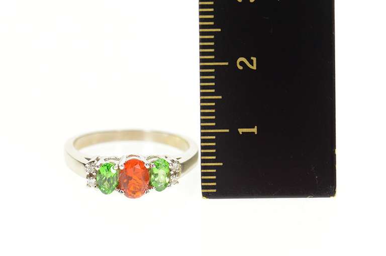 14K White Gold Syn. Mexican Fire Opal Peridot Diamond Accent Ring