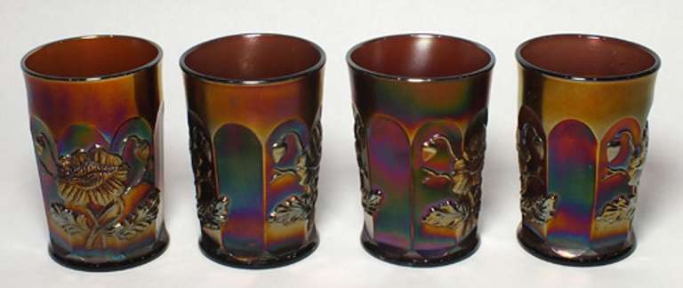 4 Fluorescent Red Crystal Glasses with flowers details