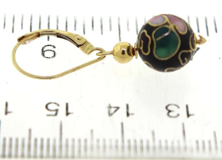 Beautiful 14kt YG Cloisonne Black Enameled Flower Earrings