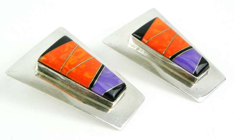 Signed Large Zuni Sterling Gemstone Earrings