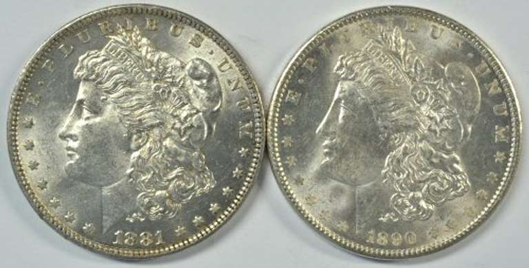 Super Choice BU 1881-O & 1890 Morgan Silver Dollars