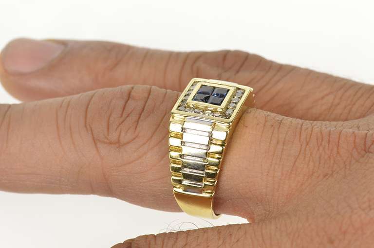 10K Yellow Gold 1.18 Ctw Princess Sapphire Diamond Men's Ring