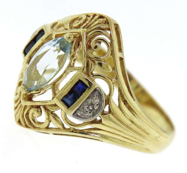Nice Marquise Aquamarine & Diamond Accent Filagree Ring