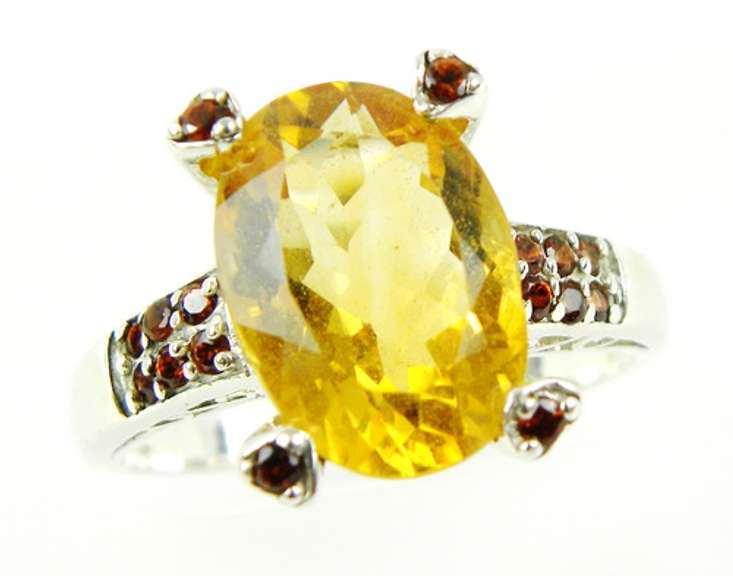 Large Oval Citrine & Garnets Sterling Ring, Size 11