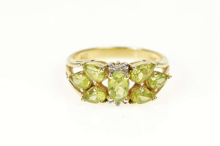 14K Yellow Gold Peridot Pear Cluster Statement Diamond Accent Ring