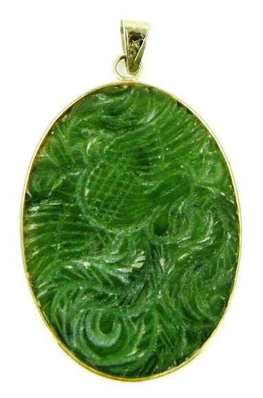 Large Vintage Gold-Filled Carved Jade Pendant