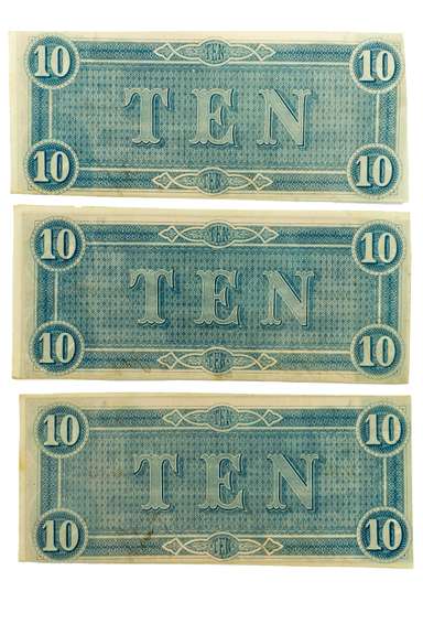 3 CU $10 Confederate Notes Feb 17 1864