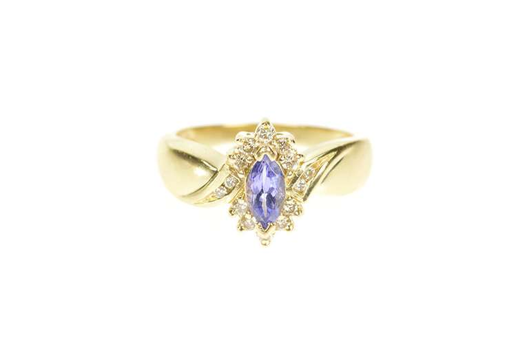 14K Yellow Gold Marquise Tanzanite Diamond Halo Bypass Ring