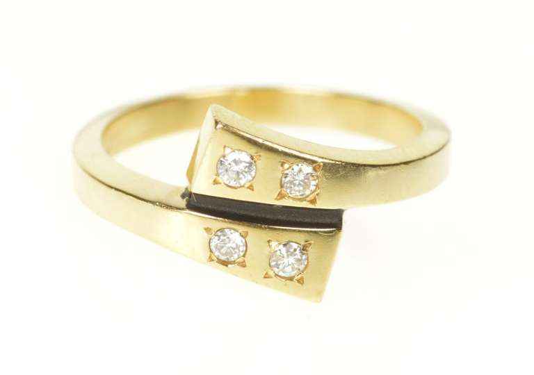 14K Yellow Gold Retro Diamond Inset Black Enamel Bypass Ring