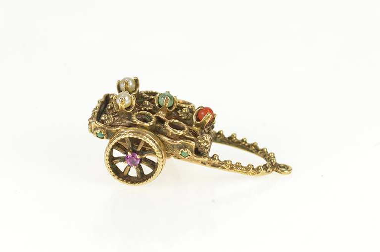 14K Yellow Gold 3D Victorian Decorative Wheeled Cart Charm/Pendant