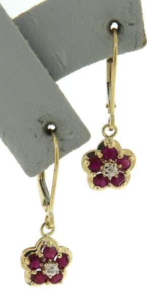 Dainty 14kt YGY Ruby Flowers with Diamond Accent Earrings
