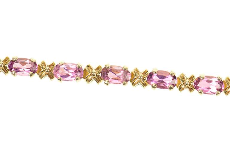 14K Yellow Gold Oval Pink Topaz X Link Tennis Bracelet