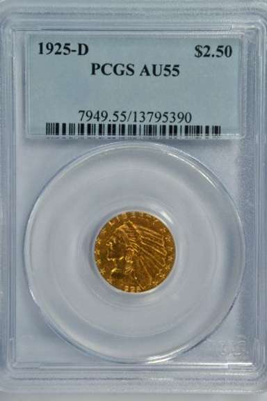Great 1925-D US $2.50 Indian Gold Piece, PCGS AU55