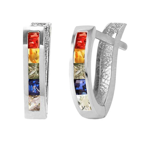 Solid White Gold Huggie Earrings Multicolor Sapphire