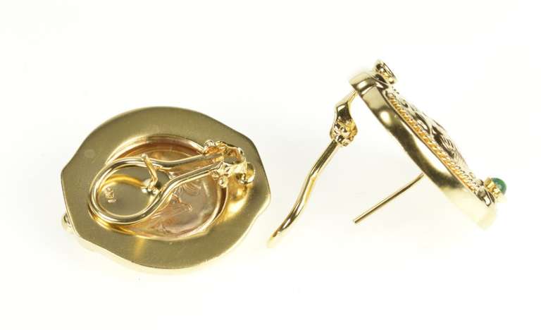 14K Yellow Gold Ornate Cameo Green Chalcedony French Clip Earrings