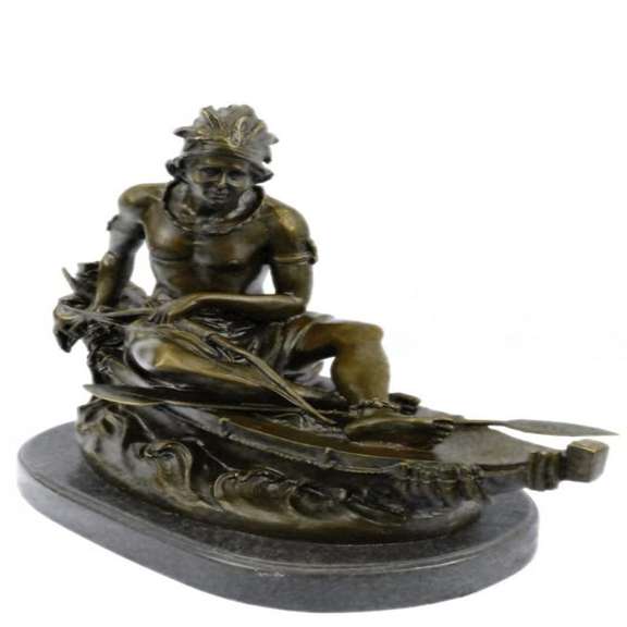 Indian Maiden in Canoe Bronze Sculpture