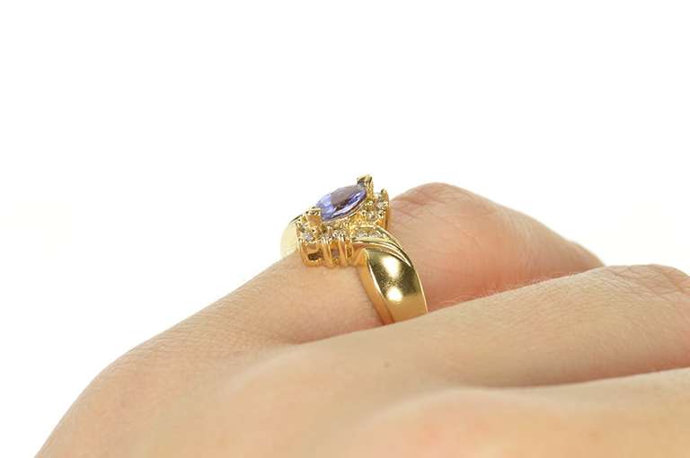 14K Yellow Gold Marquise Tanzanite Diamond Halo Bypass Ring