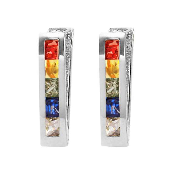 Solid White Gold Huggie Earrings Multicolor Sapphire