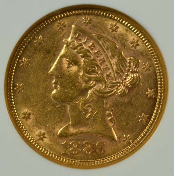 Fresh near mint 1886-S $5 Liberty Gold Piece. NGC AU58