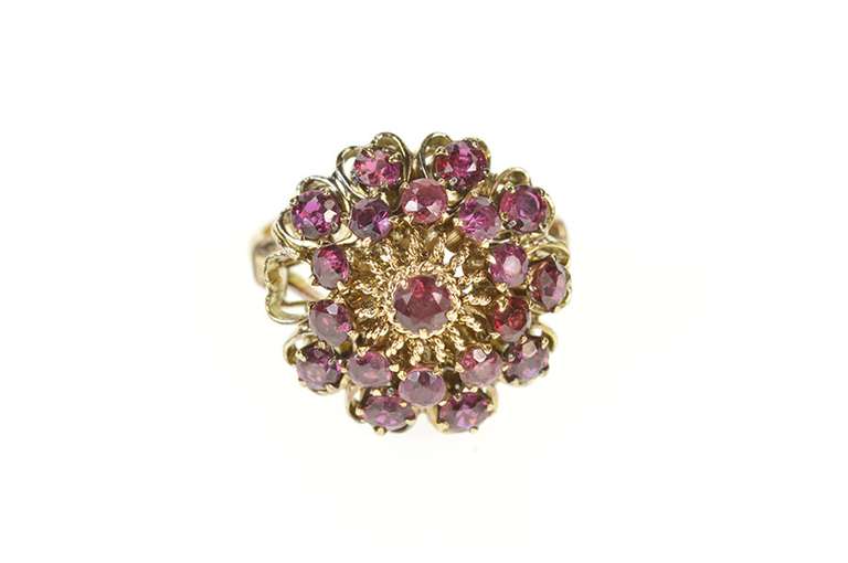 18K Yellow Gold Ornate 1950's Ruby Heart Cocktail Cluster Ring