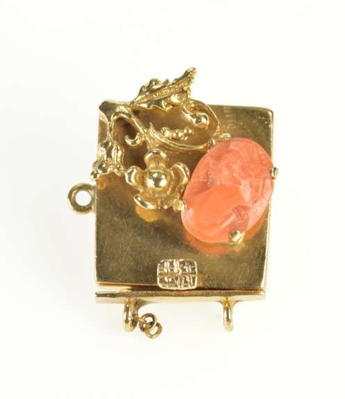 14K Yellow Gold Carved Coral Cameo Floral Box Slide Bracelet Clasp