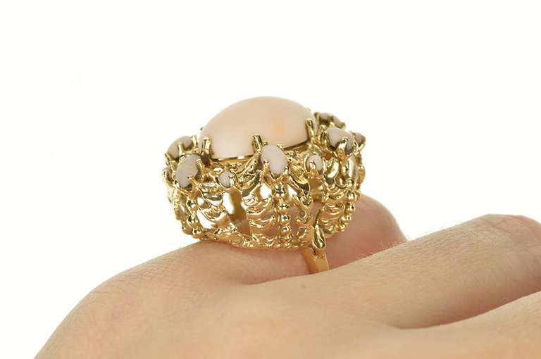 14K Yellow Gold 1950's Coral Oval Halo Leaf Vine Cocktail Ring